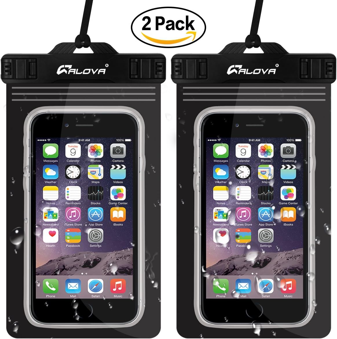 Waterproof Phone Pouch (2 Pack) IP68 Dual Protect Cell Phone Bag Water-resistent Case for iPhone 6S 7 7Plus - Any Smartphone up to 6.0" - ALOVA(Black)