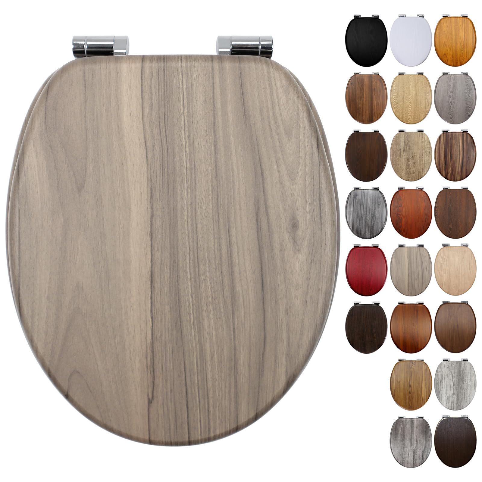 Fanmitrk Toilet Seat Wooden Soft Close with Adjustable Solid Zinc Alloy Hinges, MDF Wood Oval Toilet Seats with Bottom Fixings, Easy to Clean and Install (BLG101-8) — image 1