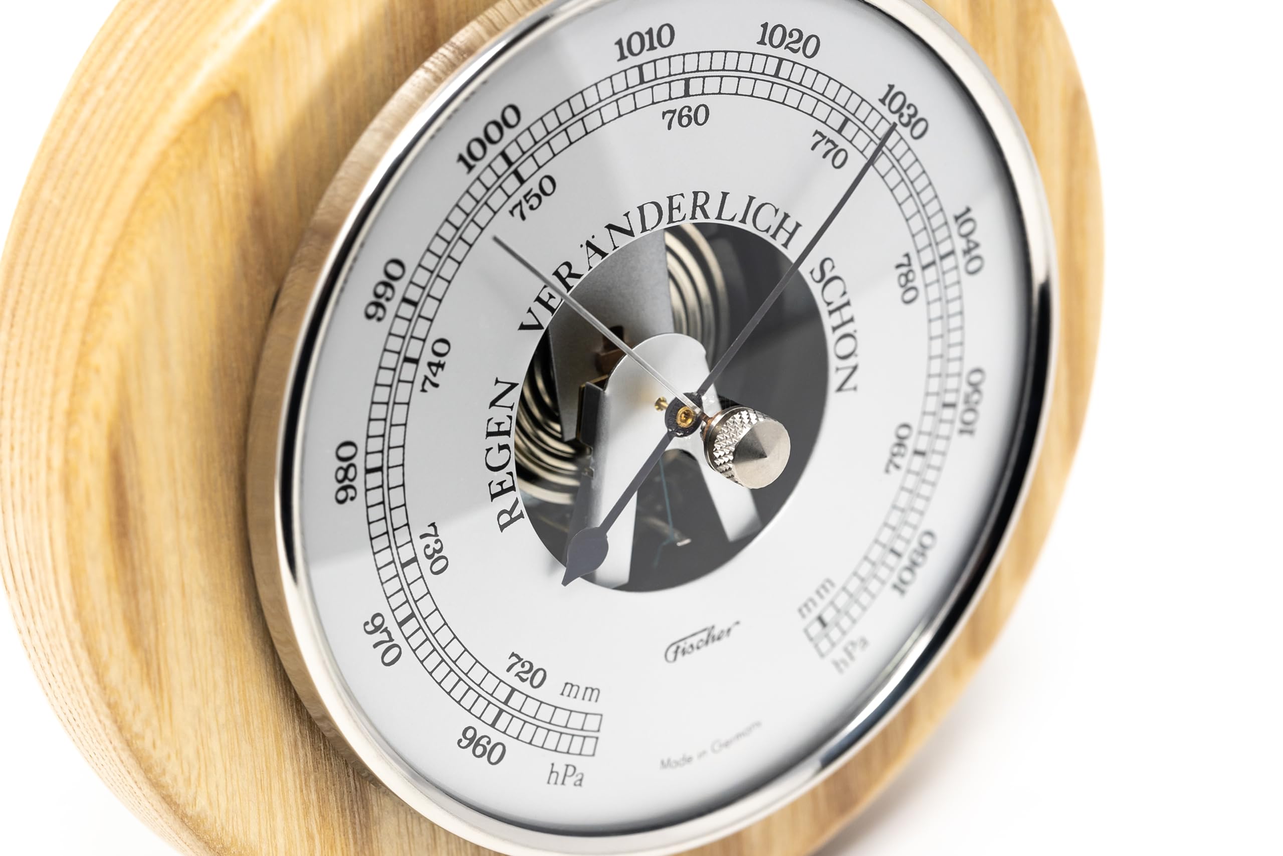 Fischer Baromètre 1366RS-32 - 140 mm - Avec boîtier en bois de frêne véritable - Laiton - Fabriqué en Allemagne