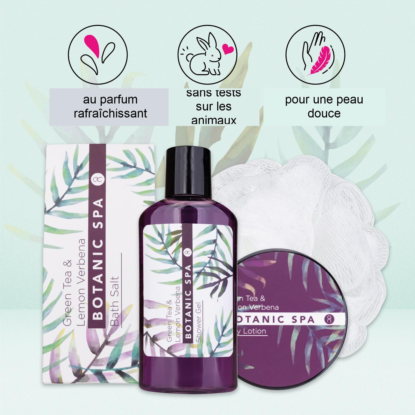 Accentra - Set de bain femme Botanic SPA dans corbeille - Kit soins 4 pcs avec gel douche, sel de bain, lotion pour corps & éponge maillée - Ensemble cadeau Wellness pour anniversaire, Saint-Valentin
