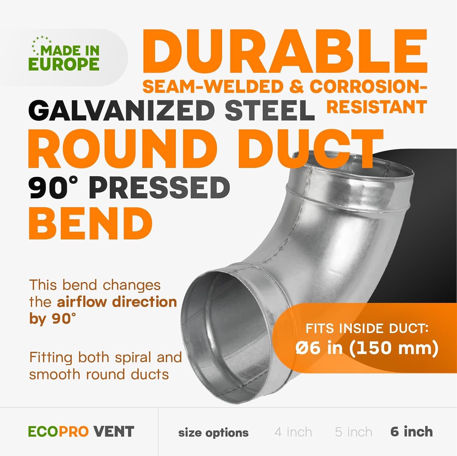 6 Inch 90˚ Degree Galvanized Steel Duct Elbow - Pressed Industrial Connector Bend - Ventilation Pipe Fitting - Dryer, Exhaust, Extractor Hood Air Inlet, Outlet Pipe Joint