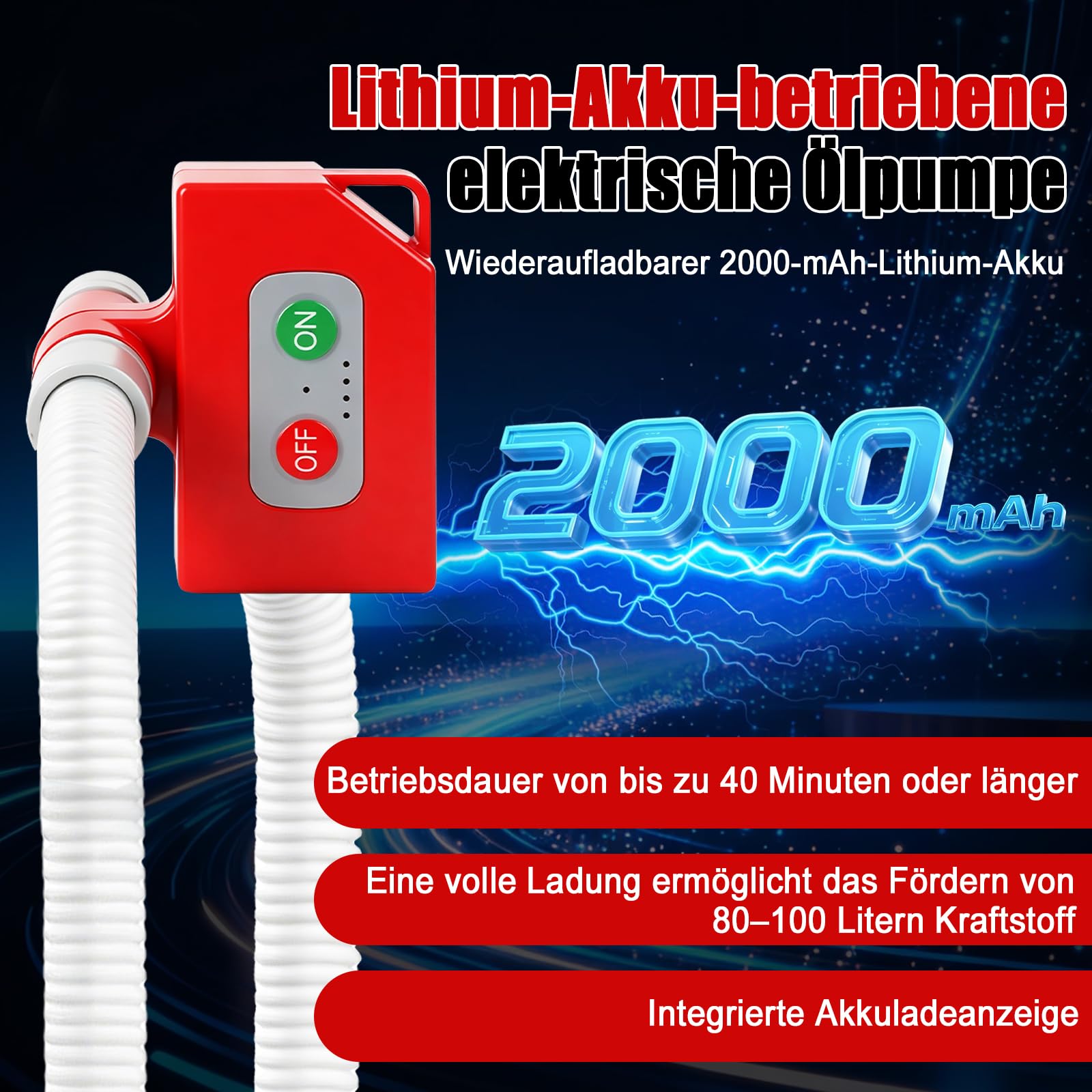 Kraftstoff Umfüllpumpe mit Auto-Stopp-Sensor,Aufladbare tragbare Dieselpumpe, Elektrische Transferpumpe mit 1.8M Schlauch, Dieselpumpe für Benzin, Diesel,Wasser und Öl