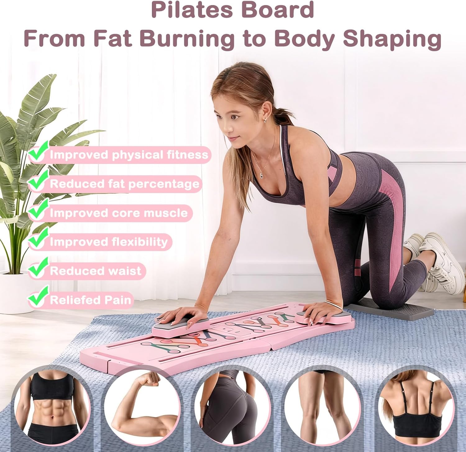 6-in-1 foldable pilates board reformer kit, portable home gym equipment with resistance bands, ab board, smart timer & phone holder, full body workout for women pink