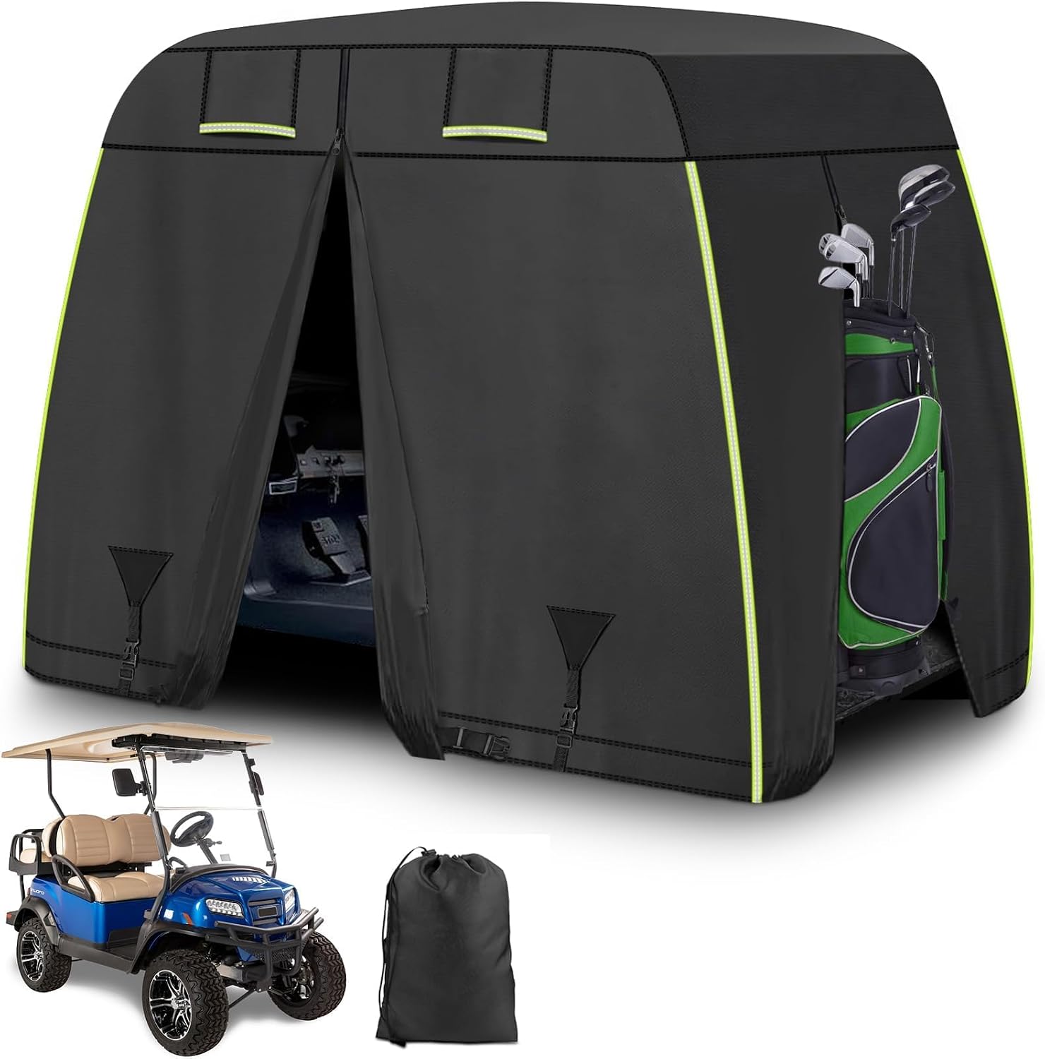 600D Oxford 2/2+2/4 Passenger Golf Cart Cover Fits EZGO, Club Car, Yamaha Golf Carts with Safe Reflective Strips, All Weather Protection/Waterproof/Snowproof/Windproof/Sunproof