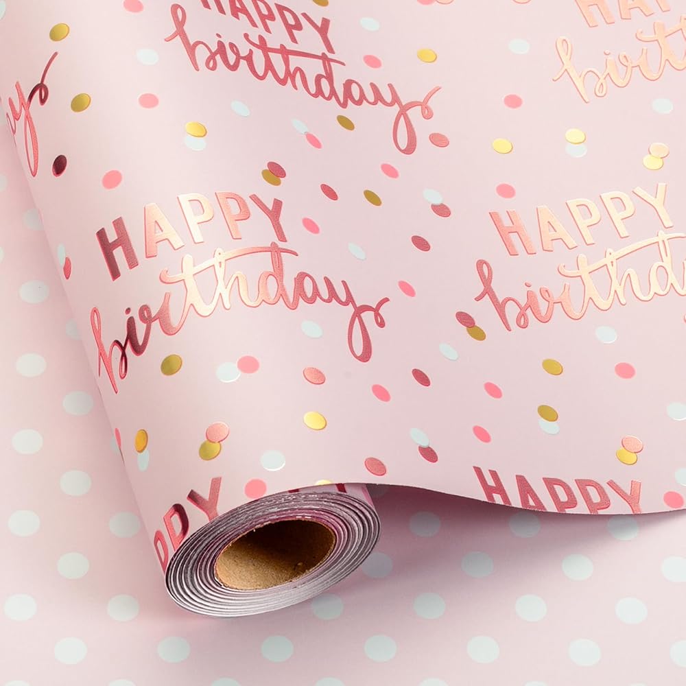 MAYPLUSS Reversible Pink Birthday Wrapping Paper Roll, Girl Gift Wrapping Paper, Metallic Foil Happy Birthday Pattern Girly Gift Wrap for Gift Packaging, Women Party, Celebrations (17 Inch x 33 Feet)