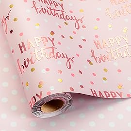MAYPLUSS Reversible Pink Birthday Wrapping Paper Roll, Girl Gift Wrapping Paper, Metallic Foil Happy Birthday Pattern Girly Gift Wrap for Gift Packaging, Women Party, Celebrations (17 Inch x 33 Feet)