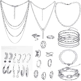 42 Pcs Silver Jewelry Set for Women Layered Bracelets Ball Dangle Hoop Earrings Dainty Adjustable Necklaces Stackable Knuc...