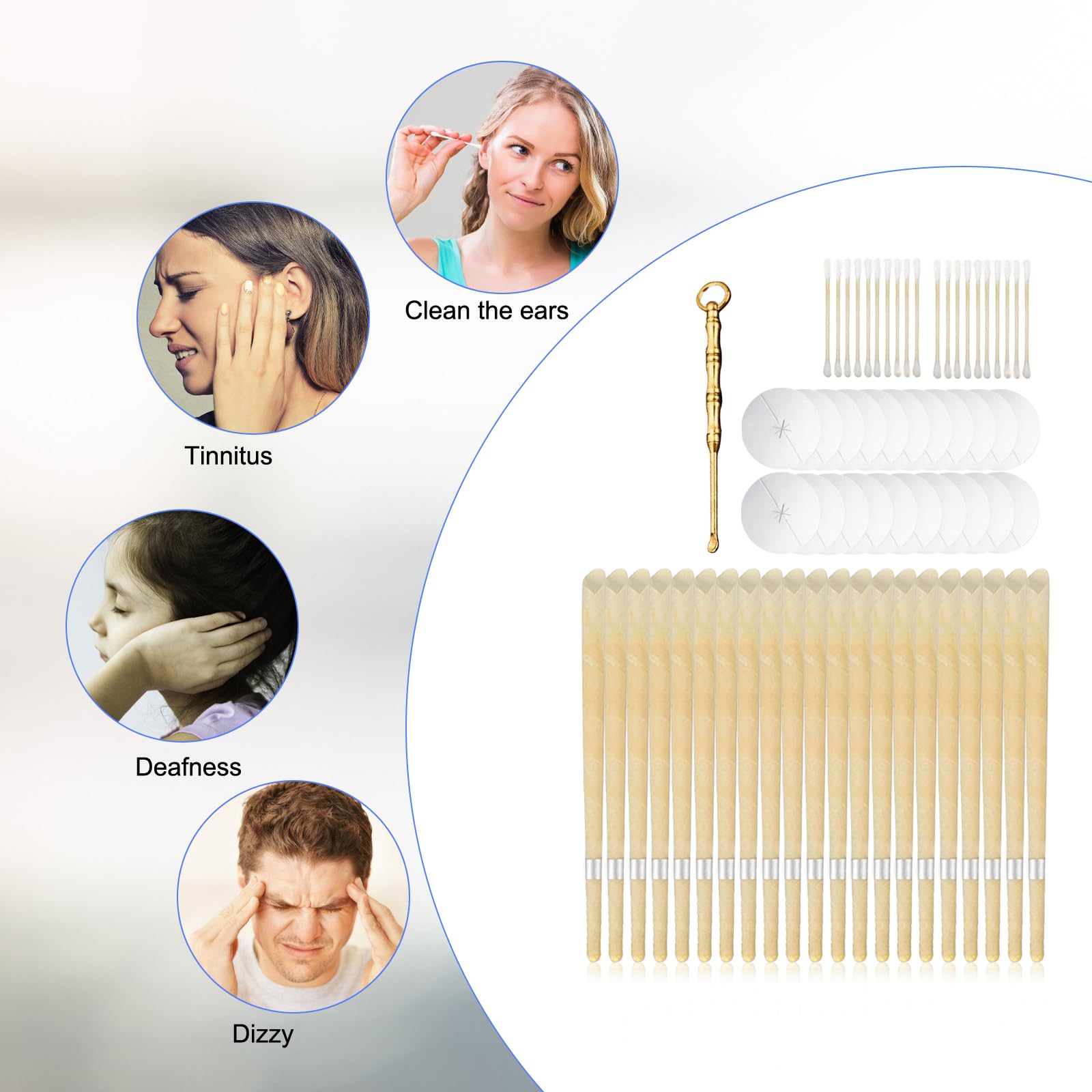 40 velas para los oídos: 24 cm para limpiar cerumen, con 20 bandejas, 40 bastoncillos de algodón y 2 cucharas, velas para los oídos, velas de perfume para relajación y salud