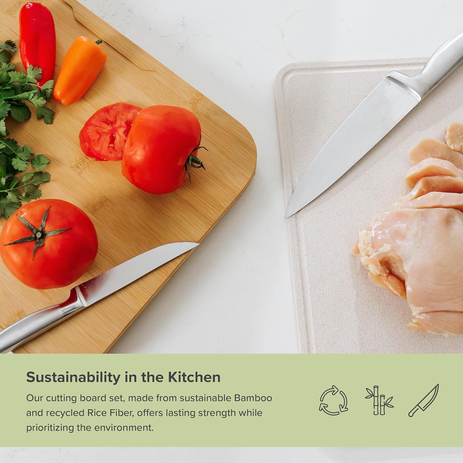 KitchenEdge Bamboo Cutting Board with Nesting Rice Fiber Chopping Board for Cooking Prep 2 Piece Kitchen Set - Image 4