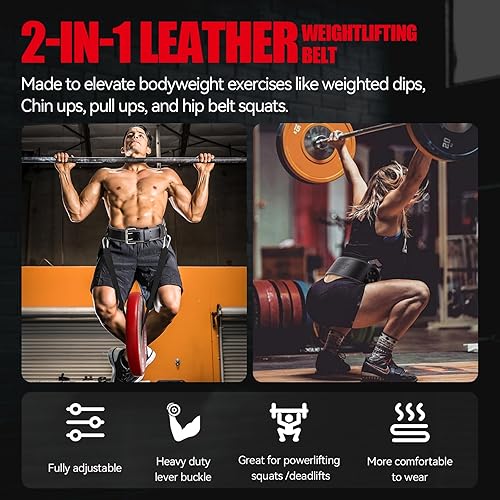 Miniatura 2 de Jaffick Leather Weight lifting belt & 2-in-1 Dip Belt with Rope for Weightlifting Pull Up Gym Powerlifting Squat Bodybuilding Waist Support for Men