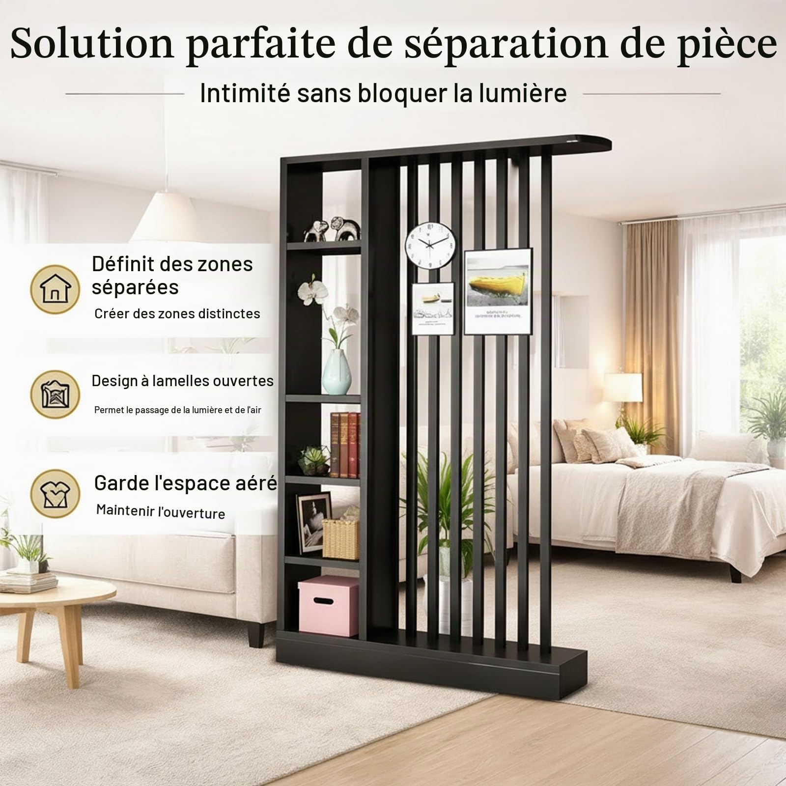 Claustra Intérieur Bois avec Rangement, Séparateur de Pièce Design Moderne, Cloison Amovible avec Étagères, Séparation de Pièce pour Salon Entrée Chambre Bureau, 205 cm