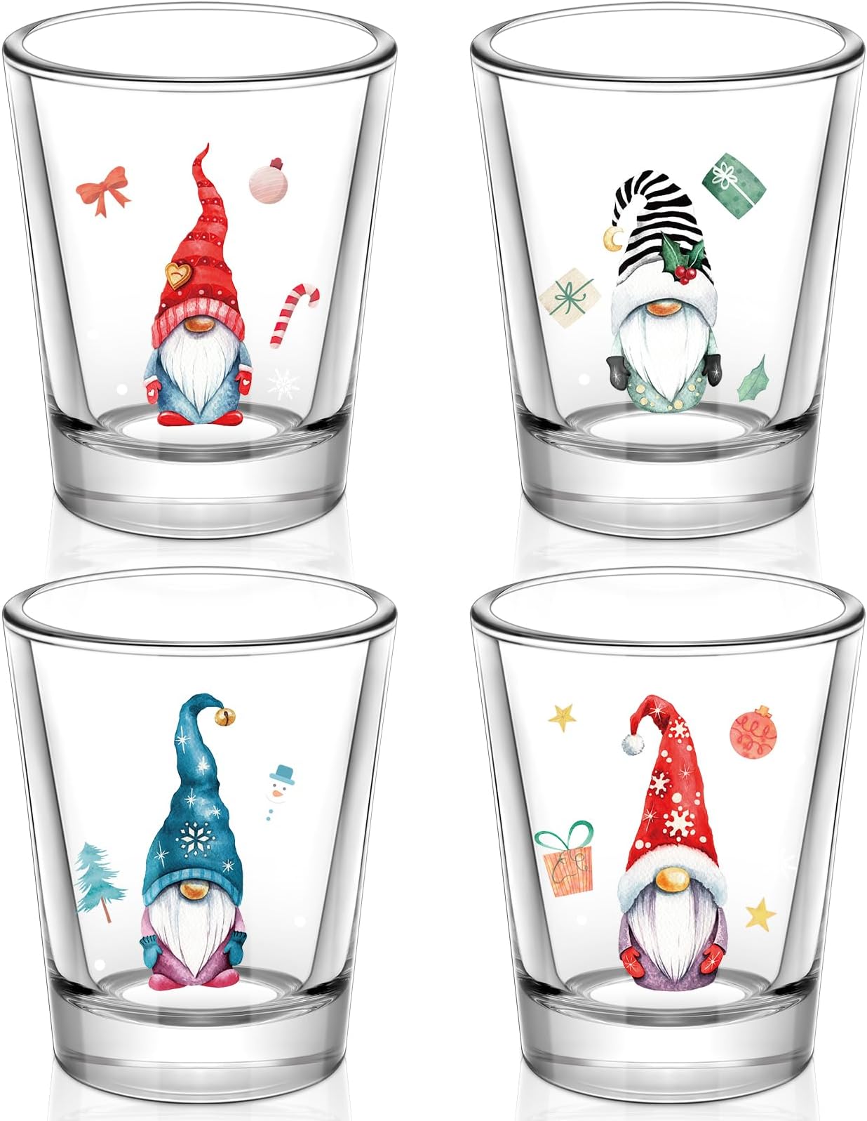 Patelai 4 Pieces Christmas Shot Glasses 2 oz Gnome Wine Glasses Christmas Drinking Cups Gnome Present Mug Xmas Funny Clear Mug Glass for Women Men, 4 Styles