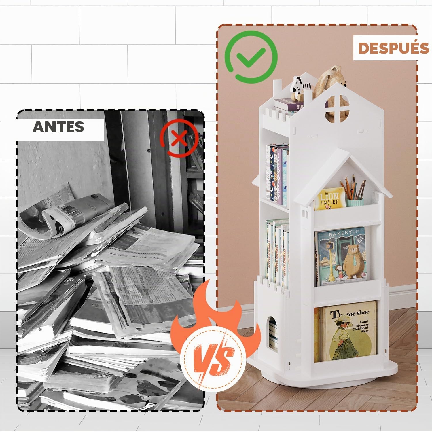 Nisorpa Estantería giratoria para niños con forma de casa, estantería blanca para niños, estantería de pie para niños, estantería giratoria para habitación de niños