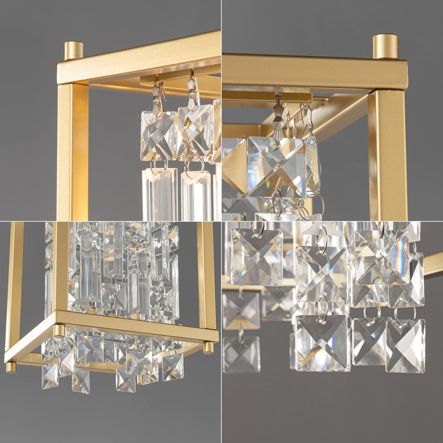 LMQNINE Modern Gold Pendant Light Fixtures for Kitchen Island, Crystal Chandelier Lights Fixture, Elegant Adjustable Pendant Lighting for Dining Room Bedroom (Square 1-Light)