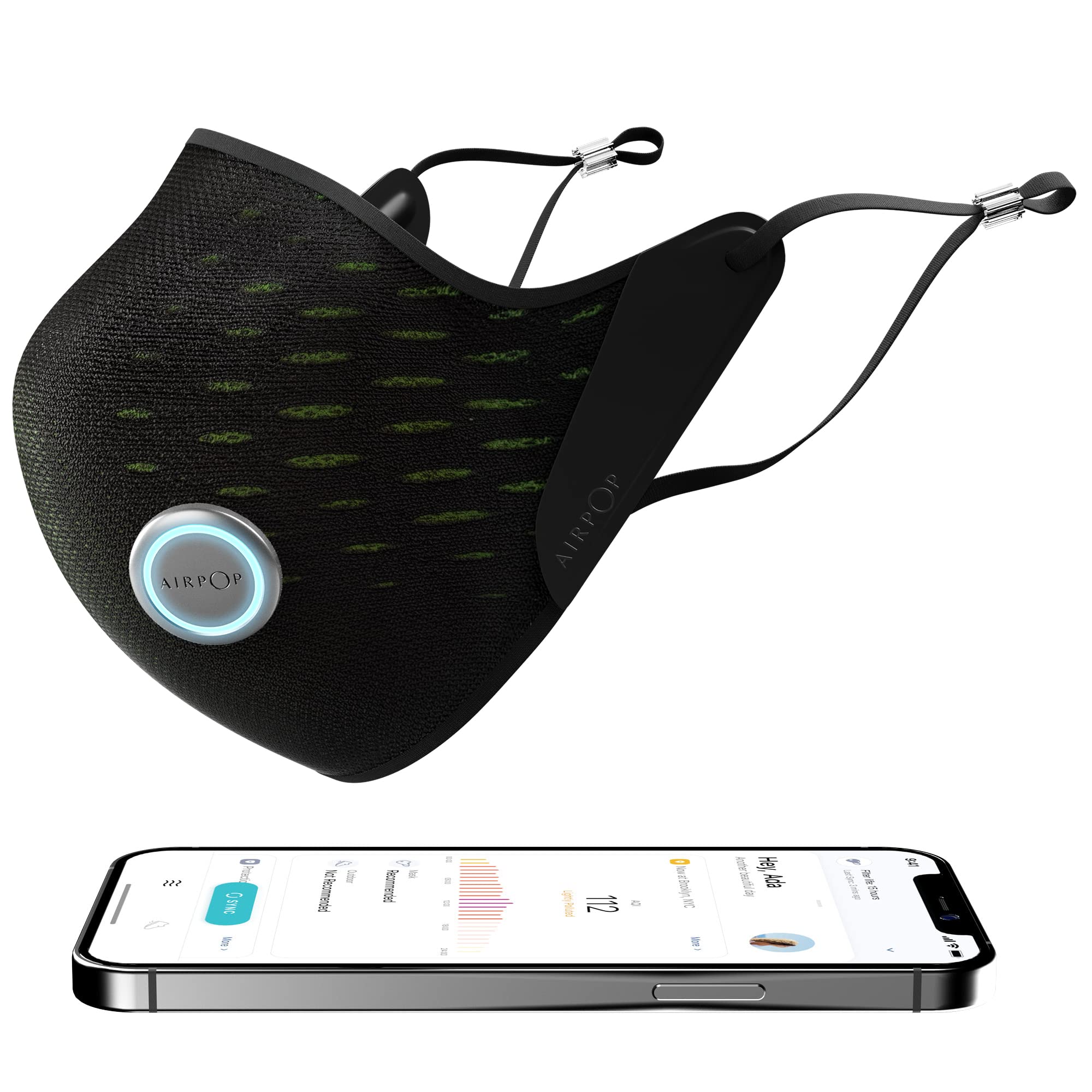 Active+ Halo Washable Reusable Smart Face Mask, Air Quality and Breathing Sensor, Inc 4 Filters, 160 Hours Wear, Innovative Breathable Face Covering, Compatible with IOS app, Black and Yellow