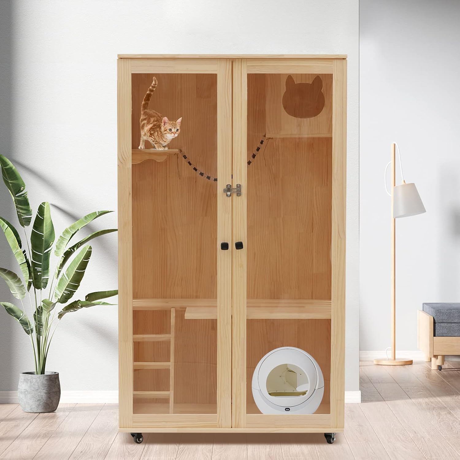 review KOLHGNSE Luxury Cat House, Wooden Large Cat Villa with Wheels, 59inch Multi-Feature Enclosed Cat Condo for Indoor Cats Ventilation Clear Doors, Large Space Cat Cage