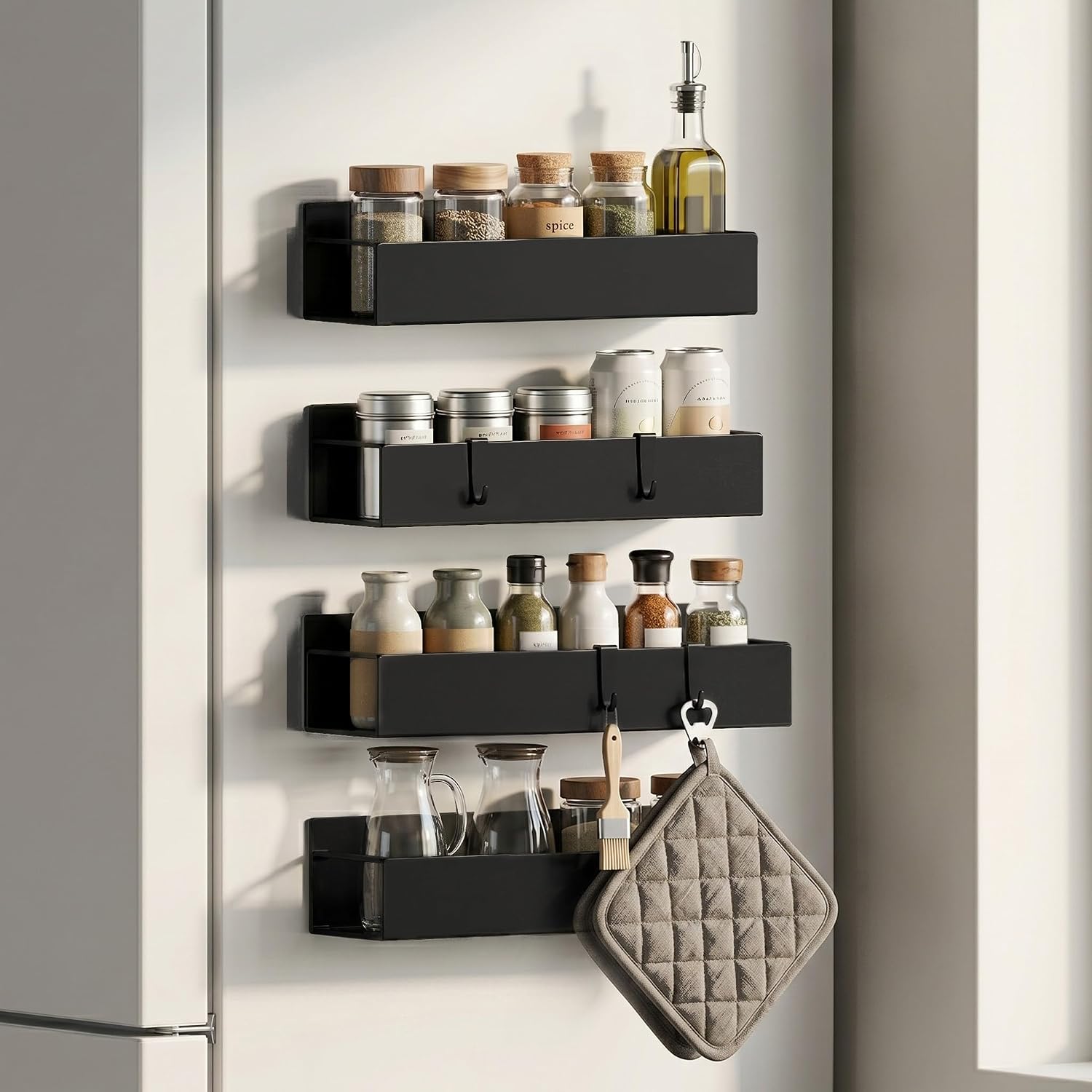 Magnetic Spice Rack, White, 4 Pack | Multipurpose Magnetic Shelf, Versatile Storage for Spices, Herbs, Seasonings, Suitable for Kitchen Refrigerator, Cabinet