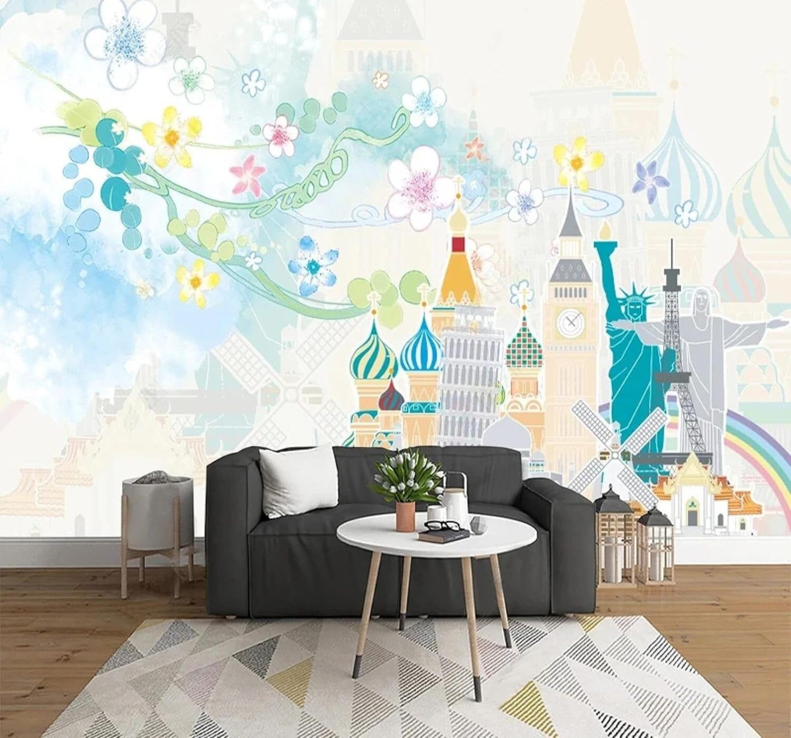 XLMING Warm Hand Drawn Cartoon Flowers Architecture 3D Wallpaper Luxury Silk Study Dining Feature Sofa Grey Bedroom Living Room Tv Decorative Wall-150cm×105cm