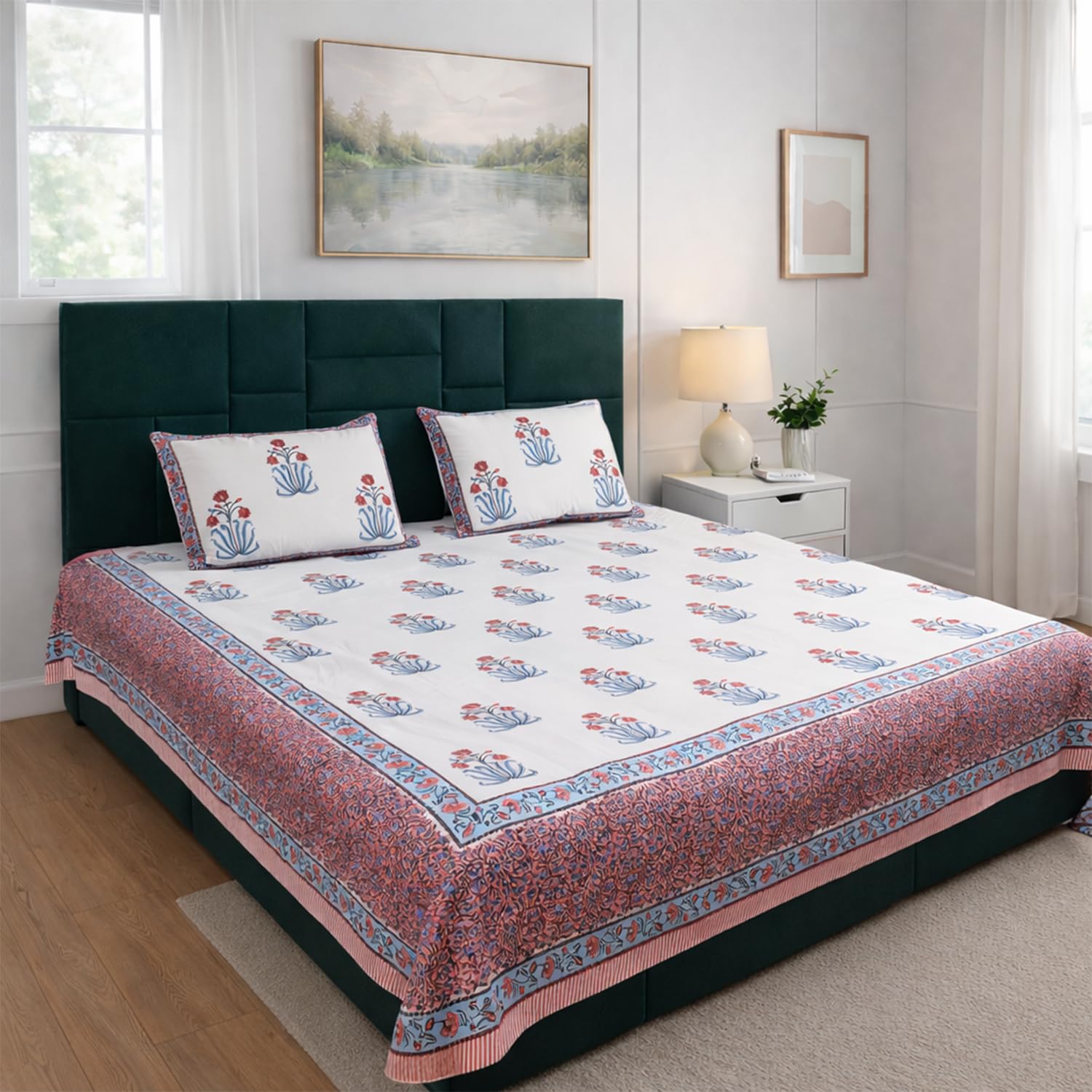 Drap plat floral Jaipuri grand lit en coton avec taies d'oreiller