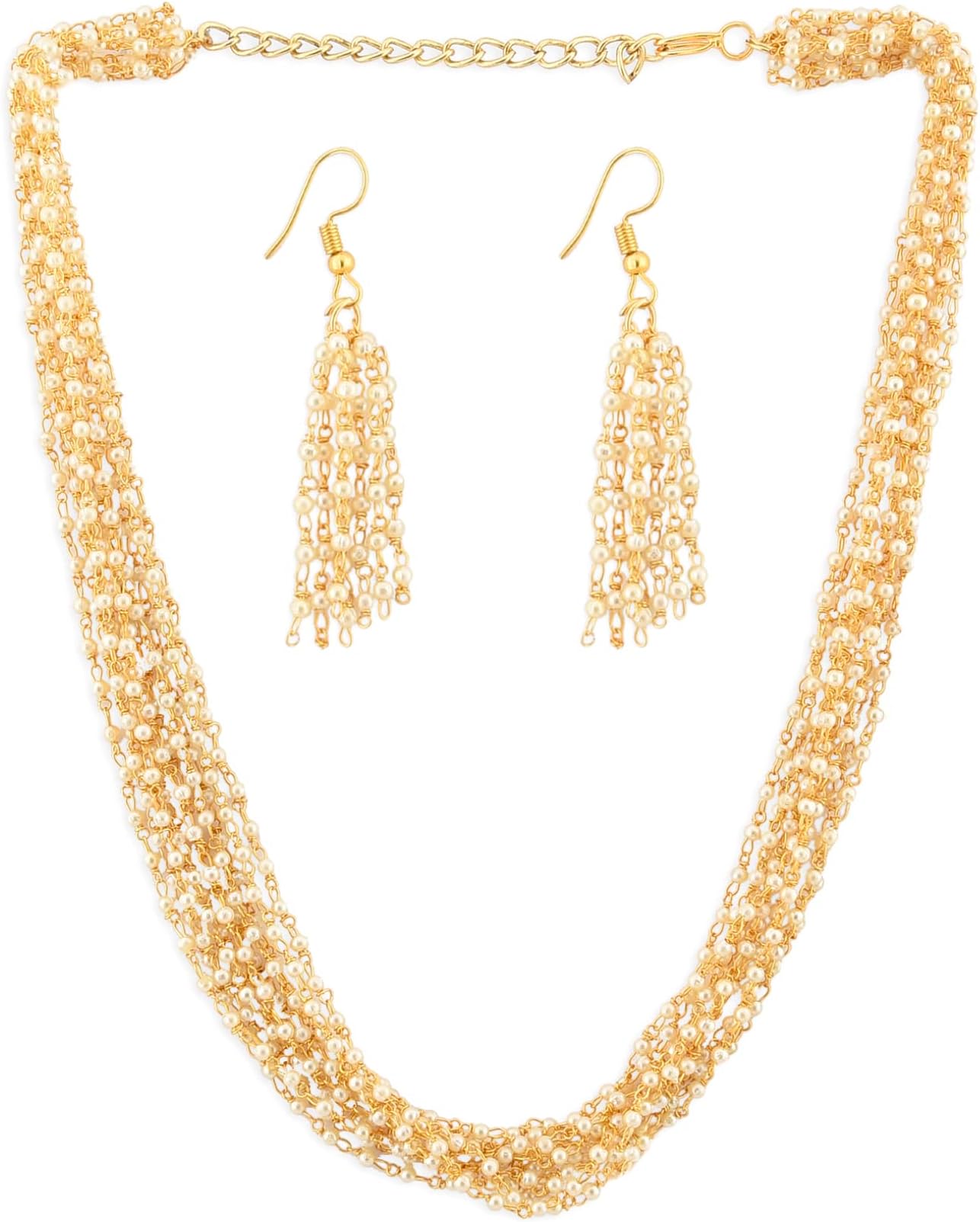ZAVERI PEARLSGold Tone Ethnic Multistrand Pearls Necklace & Earring Set For Women-ZPFK12744