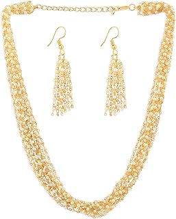 Gold Tone Ethnic Multistrand Pearls Necklace & Earring Set For Women-ZPFK12744
