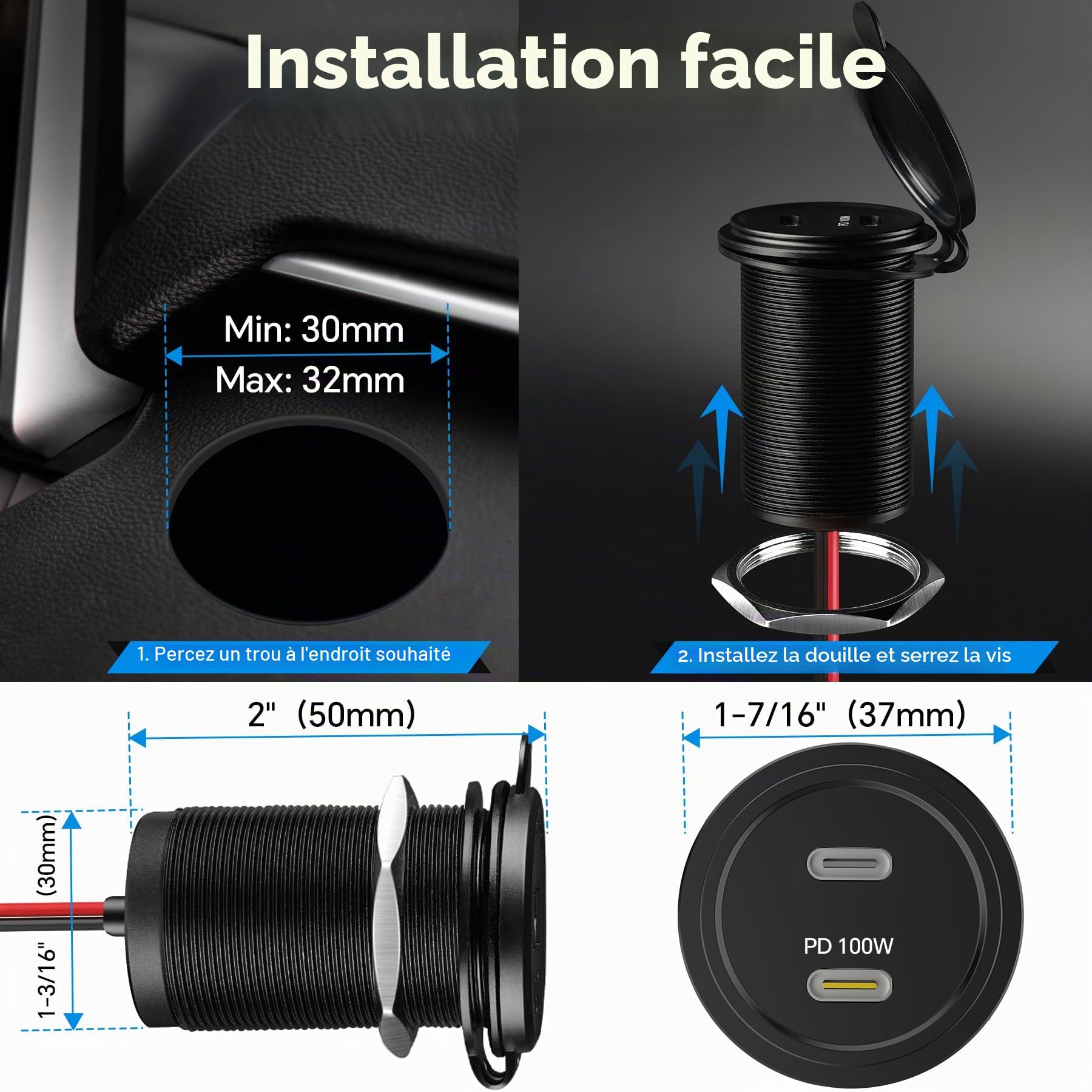 acegoo Prise USB 12V 100W PD3.0 et 20W PD, Camping-Car Voiture Aluminium Ordinateurs Portables USB-C Chargeur, Etanche Charge Rapide pour Bateau Marine Camion Caravane, 1 pièce