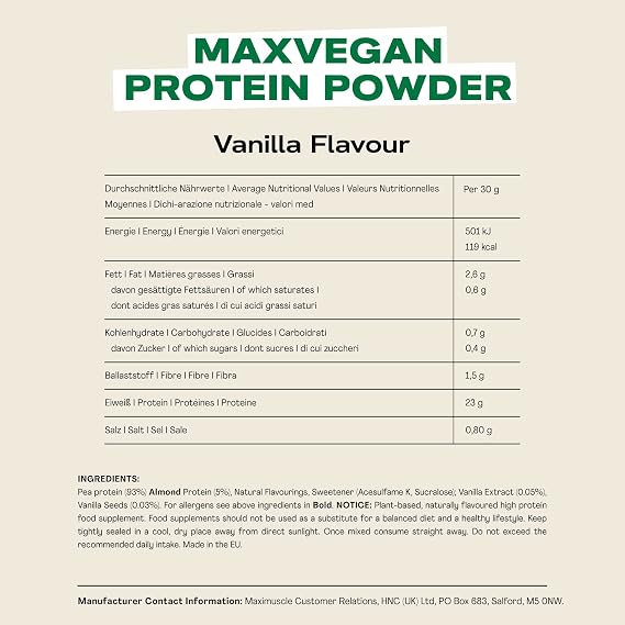 MaxiNutrition - MaxVegan Protein Powder, Vanilla - Plant Based Protein Food Supplement –, Low Fat, Sugar Free, Gluten & Soy-Free, Vegan - 23g Protein, Under 120 kcal per Serving, 420g Tub