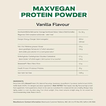 MaxiNutrition - MaxVegan Protein Powder, Vanilla - Plant Based Protein Food Supplement –, Low Fat, Sugar Free, Gluten & Soy-Free, Vegan - 23g Protein, Under 120 kcal per Serving, 420g Tub