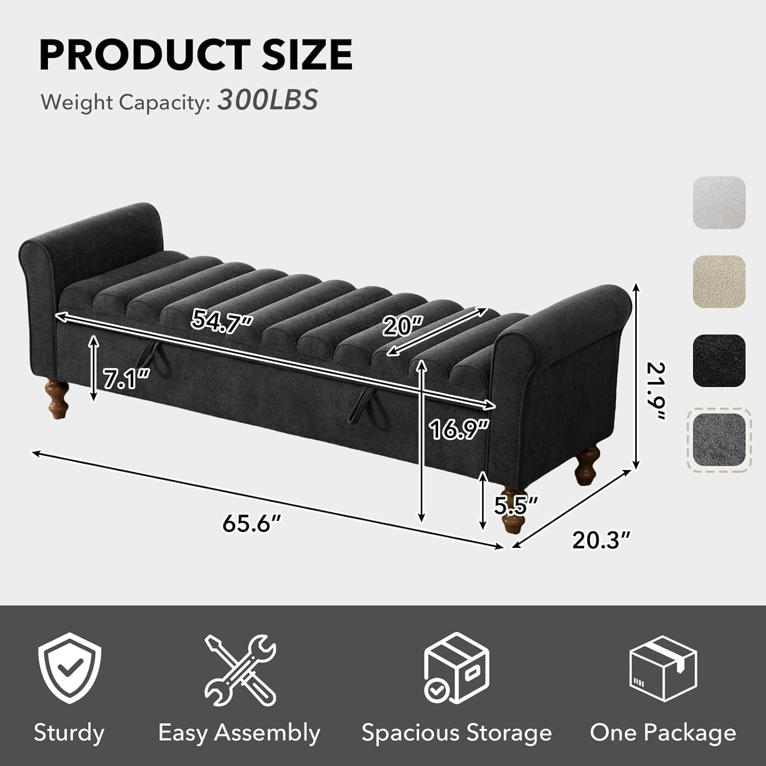 65" Oversize Storage Ottoman Bench, Fleece Upholstered End of Bed Benches with Rolled Armrest, Modern King Size Benches with Rolled Armrest, Window Bench (Charcoal +Single-Cover)