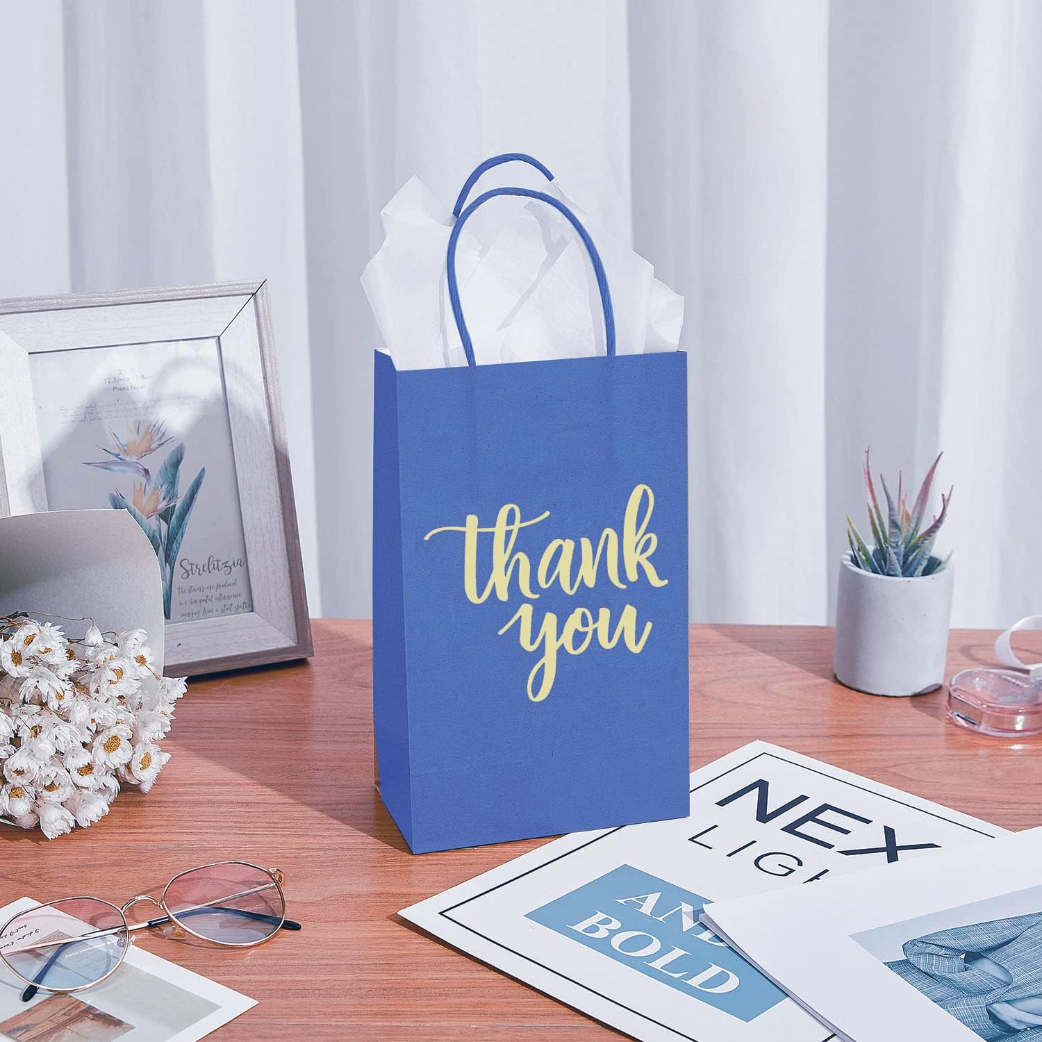 DjinnGlory 50 Pack Small Sized Navy Blue Paper Bags with White Tissue Paper 9''x5.5''x3.15'', Thank You Gift Bags with Handles for Boutiques, Graduation Wedding Birthday Party Goodies