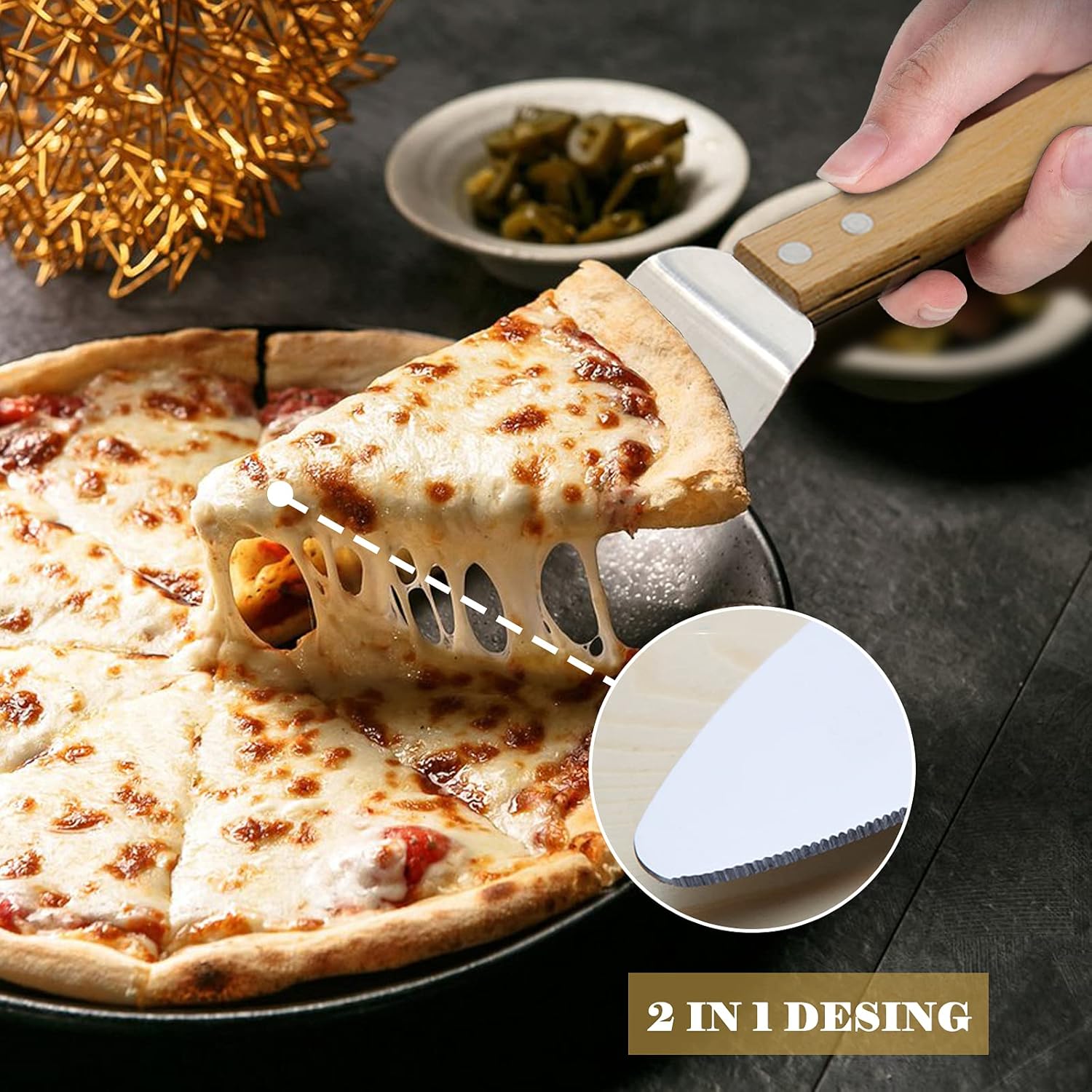 Pizza Cutter, Large Metal Pizza Slicer with Protective Cover & Wooden Handle + Cake Server Shovel - Image 5