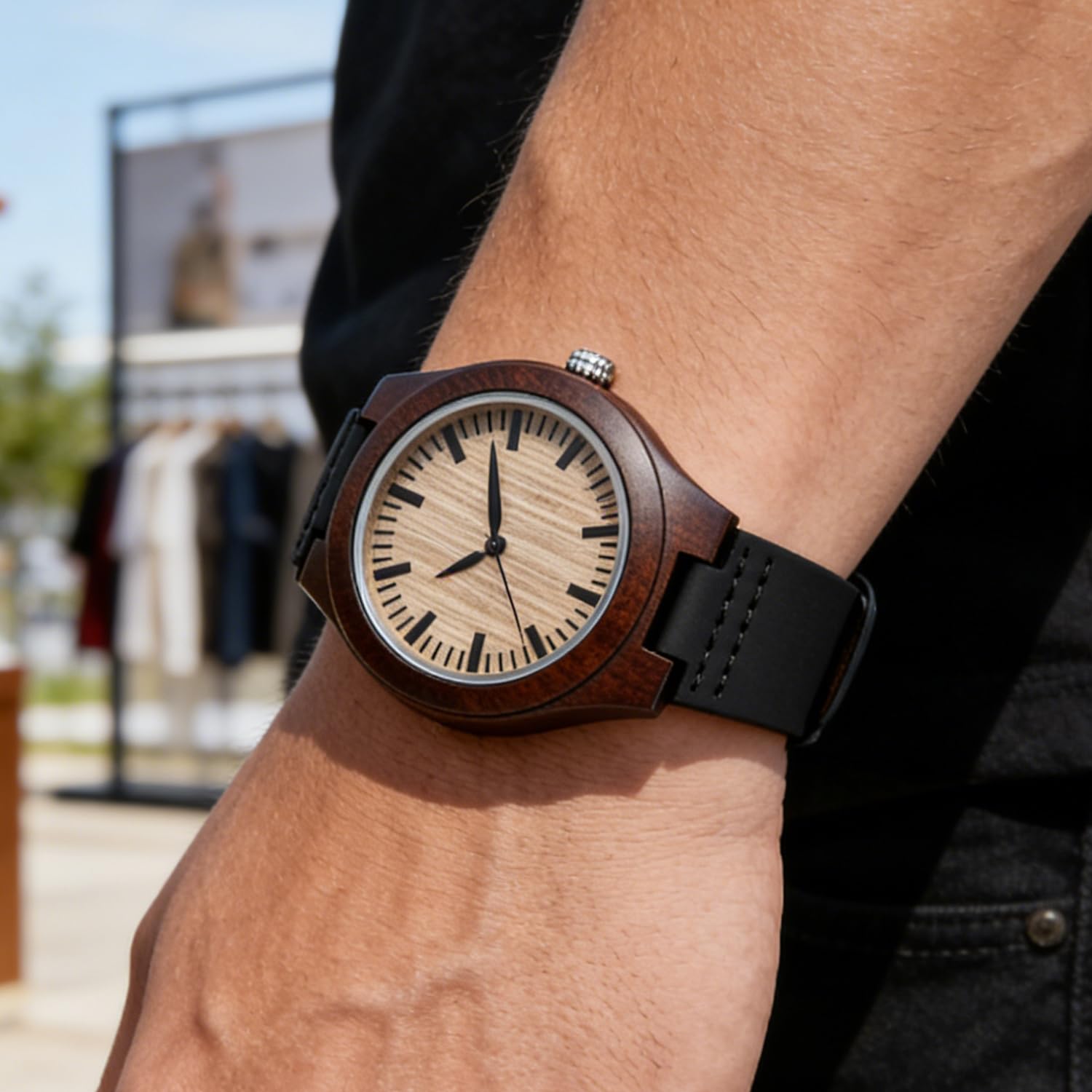 Tiong Orologio da uomo in legno naturale scuro e chiaro, con cinturino in vera pelle, ecologico, casual, al quarzo, con quadrante in legno minimalista, regalo unico per uomo