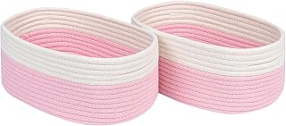 Rope Woven Storage Baskets, Small Baby Nursery Organizer Basket, Rectangular Organization/Storage Bins, Closet Shelves Baskets, Empty Gift Basket 2 Packs,Off White/Pink