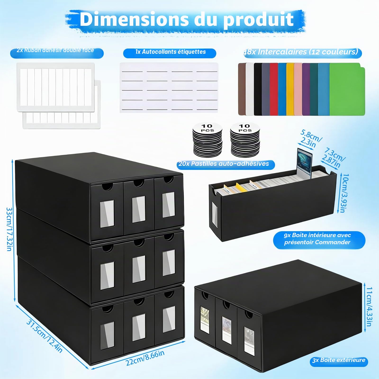 Boîte de rangement pour cartes à collectionner à 4 niveaux, boîte de rangement en carton à 12 tiroirs avec 48 intercalaires colorés et étiquettes autocollantes, organiseur de cartes à collectionner