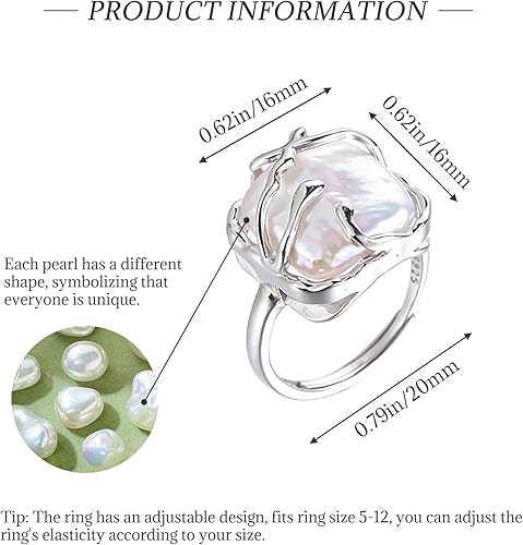 Vista 4 de HETICA Anillo de plata de ley 925 con perlas irregulares, anillo de plata de ley 925, anillo de declaración de moda adecuado para mujer, regalo