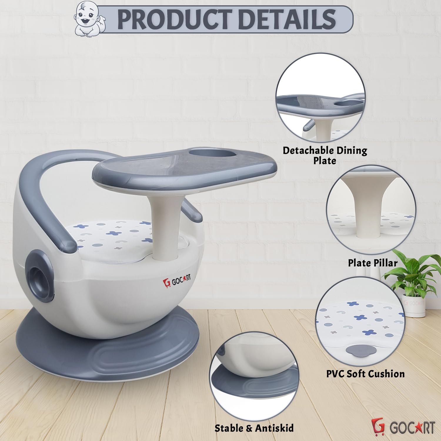 GOCART WITH G LOGO 4 Leg Baby Dining Chair With Detachable Tray And Pu Soft Cushion For 1-2 Year Kids And Toddler (Design-2) - White 1