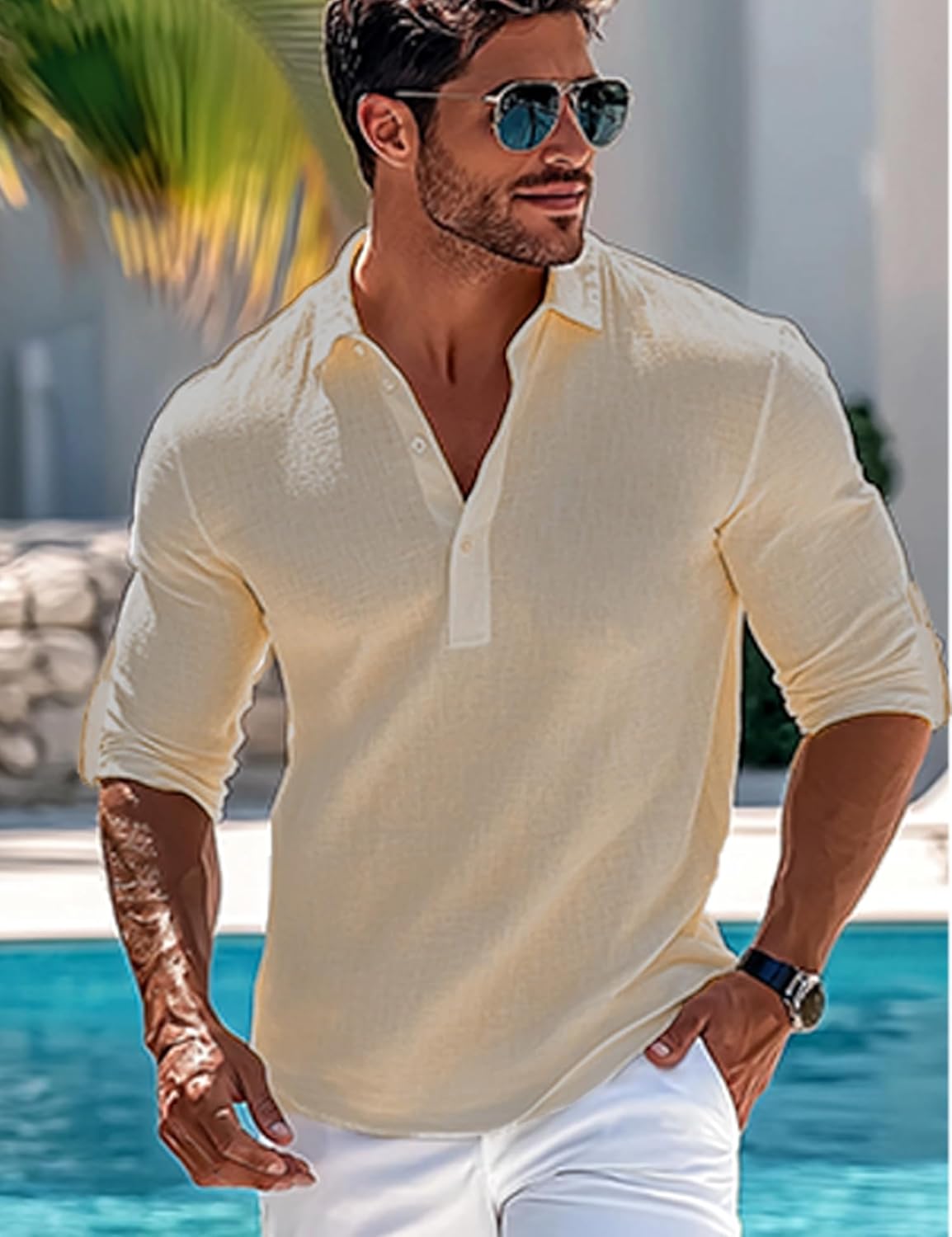 Mens Linen Polo Shirts Long Roll-Up Sleeve Casual Summer Beach Vacation Hippie T-Shirts - Image 2