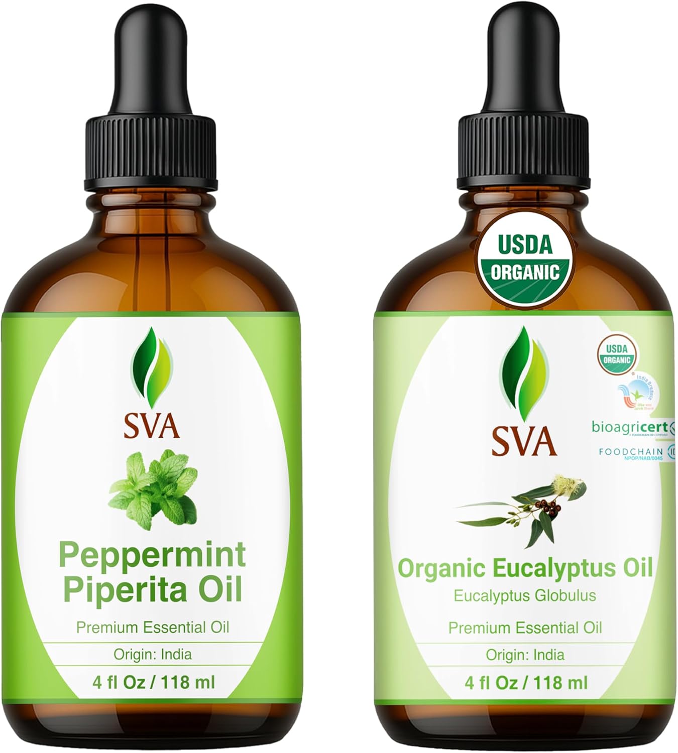 SVA Peppermint Essential Oil and Eucalyptus Essential Oil 4oz Bundle Super Saver Combo – Premium Grade Value Set for Aromatherapy, Hair Oiling, Scalp Massage, Hair Care, Skin & Body