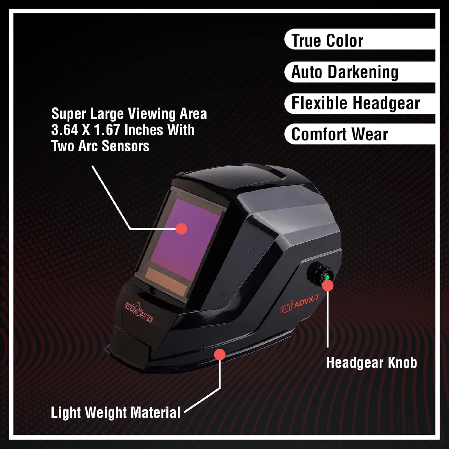 Weldforce Welding Helmet with 3.94-Inch x 3.64-Inch Viewing Area, Features Four Arc Sensors for Variable Shade Auto Darkening, Provides 1/1/1/1 Optical Clarity, Compatible with TIG, MIG, MMA Welding