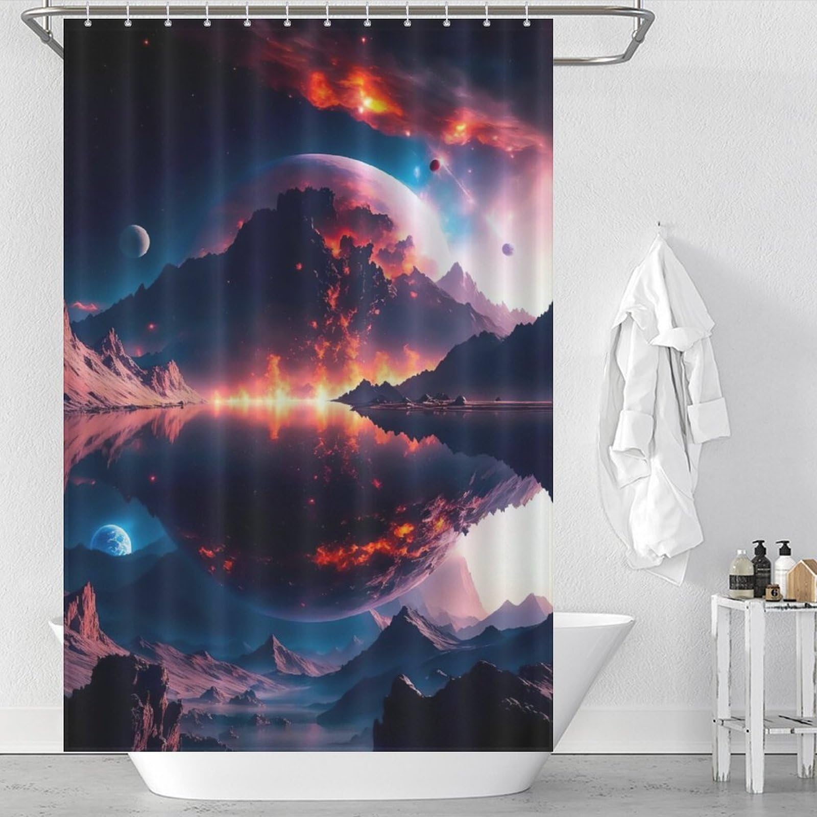 Rideau de douche tissu polyester lavable planète ciel étoilé imperméable
