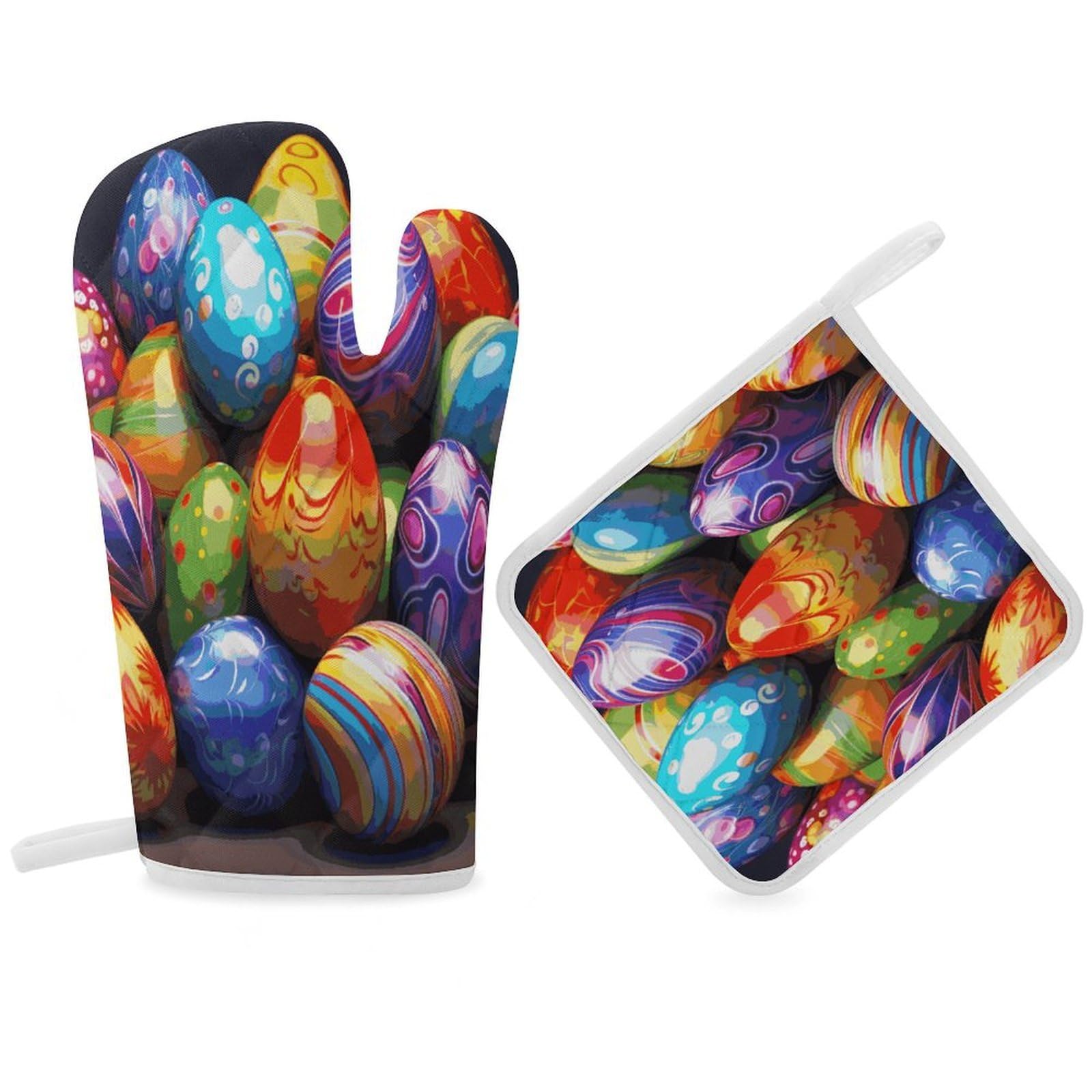 Fodpand Women's Style Easter Eggs Oven Mitts And Pot Holders Sets,Oven Gloves For Kitchen Oven Mitts And Potholders For Baking Cooking Grilling Apartment Essentials