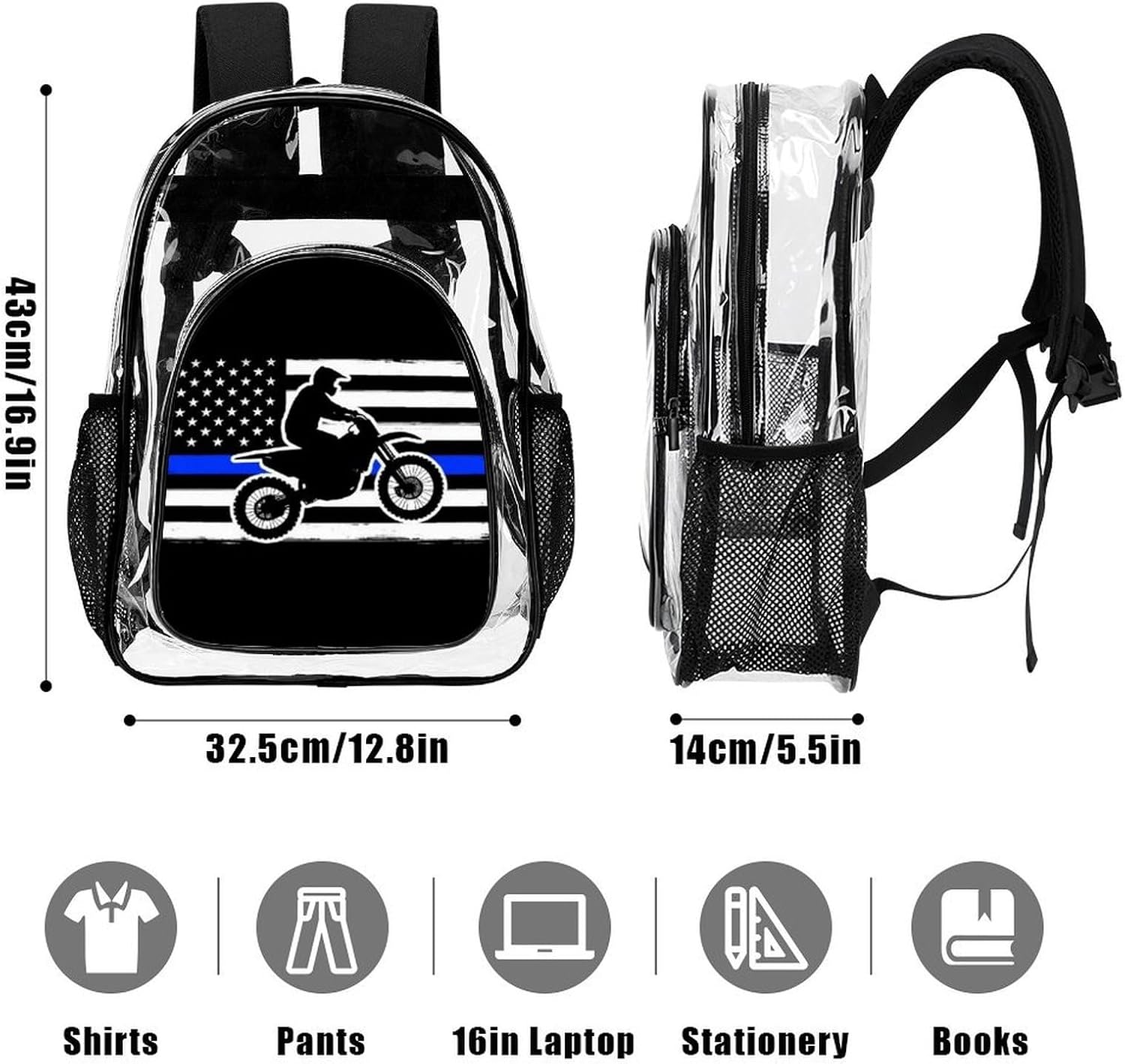 Clear Backpack Clear Mini Backpack for Women Thin Blue Line American Flag Motorcycle Dirt Bike Heavy Duty for Concert Work Sport Games Festival Venues