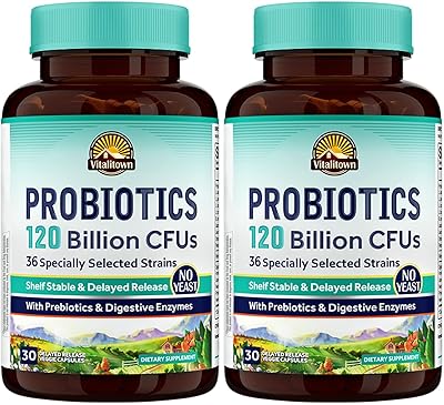 Vitalitown Probiotics 120 Billion CFUs | 36 Strains, with Prebiotics & Digestive Enzymes for Men Women | Shelf Stable | Digestive & Immune Support | Vegan | 60 Delayed Release Veg Caps