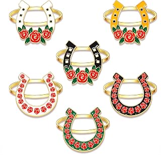 Kentucky Derby Napkin Rings Set of 6, Derby Riding Suit Horseshoe Napkin Rings Rose Horse Napkin Holder Rings Kentucky Derby Serviette Buckles Dinner Table Party Decor (6PCS Derby B)