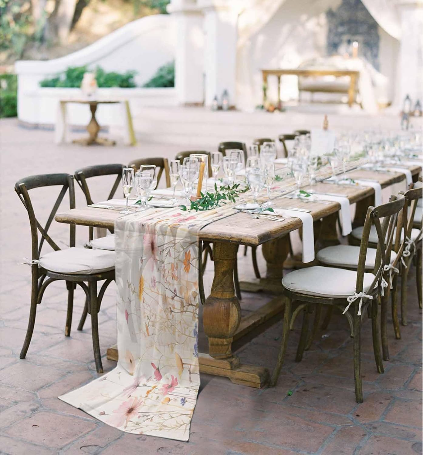Botanical Wildflower 10ft Wedding Table Runners 29"x120", Kitchen Dinner Chiffon Tablerunner Dresser Scarf, Sheer Bridal Shower Holiday Party Decorations Retro Colored Spring Floral Herb