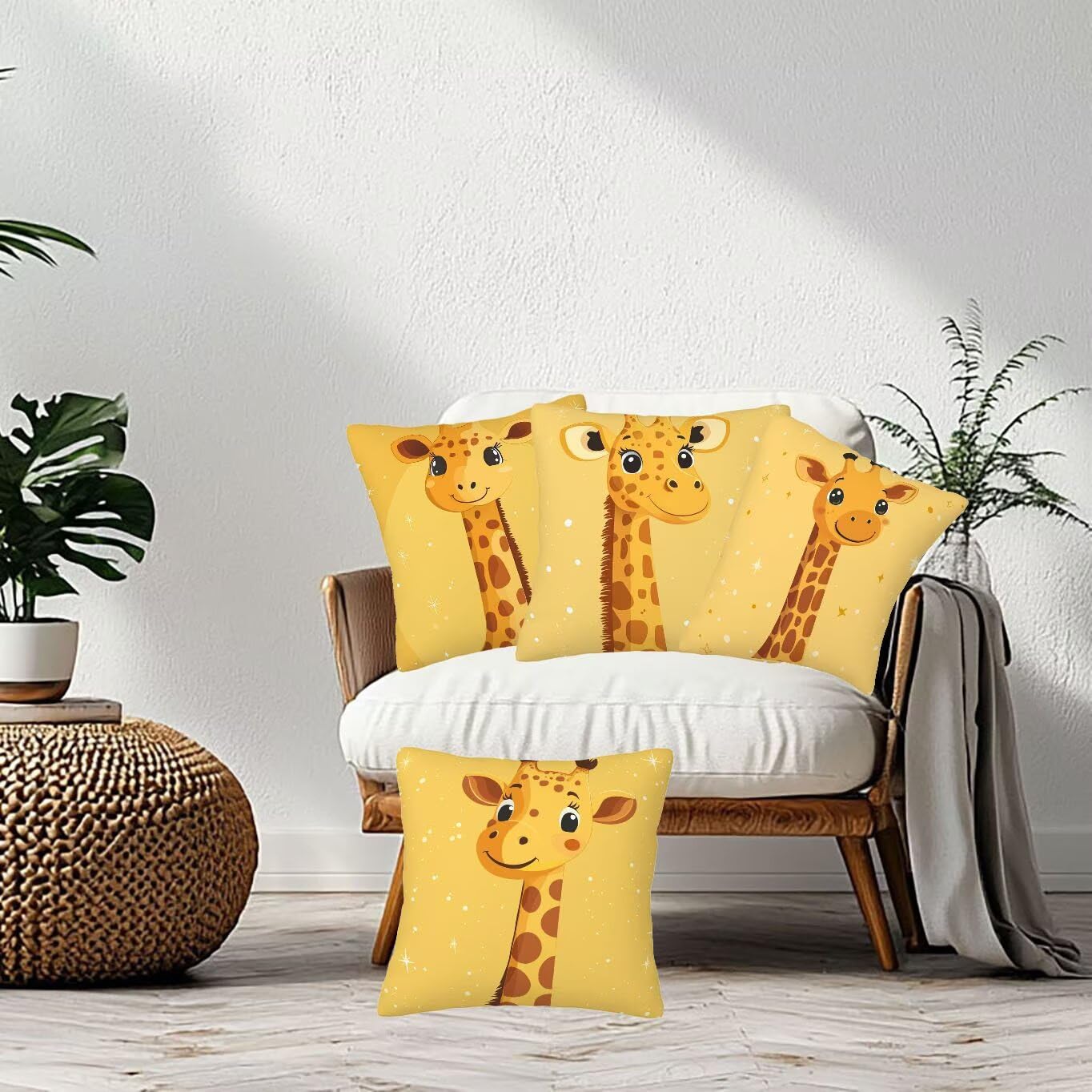 Żółta poszewka na poduszkę, 50 x 50 cm, zestaw 4 sztuk, super miękka, nadaje się do prania, żyrafa, kwadratowa poduszka z ukrytym zamkiem błyskawicznym, na sofę, do sypialni, prezent dla kobiet i