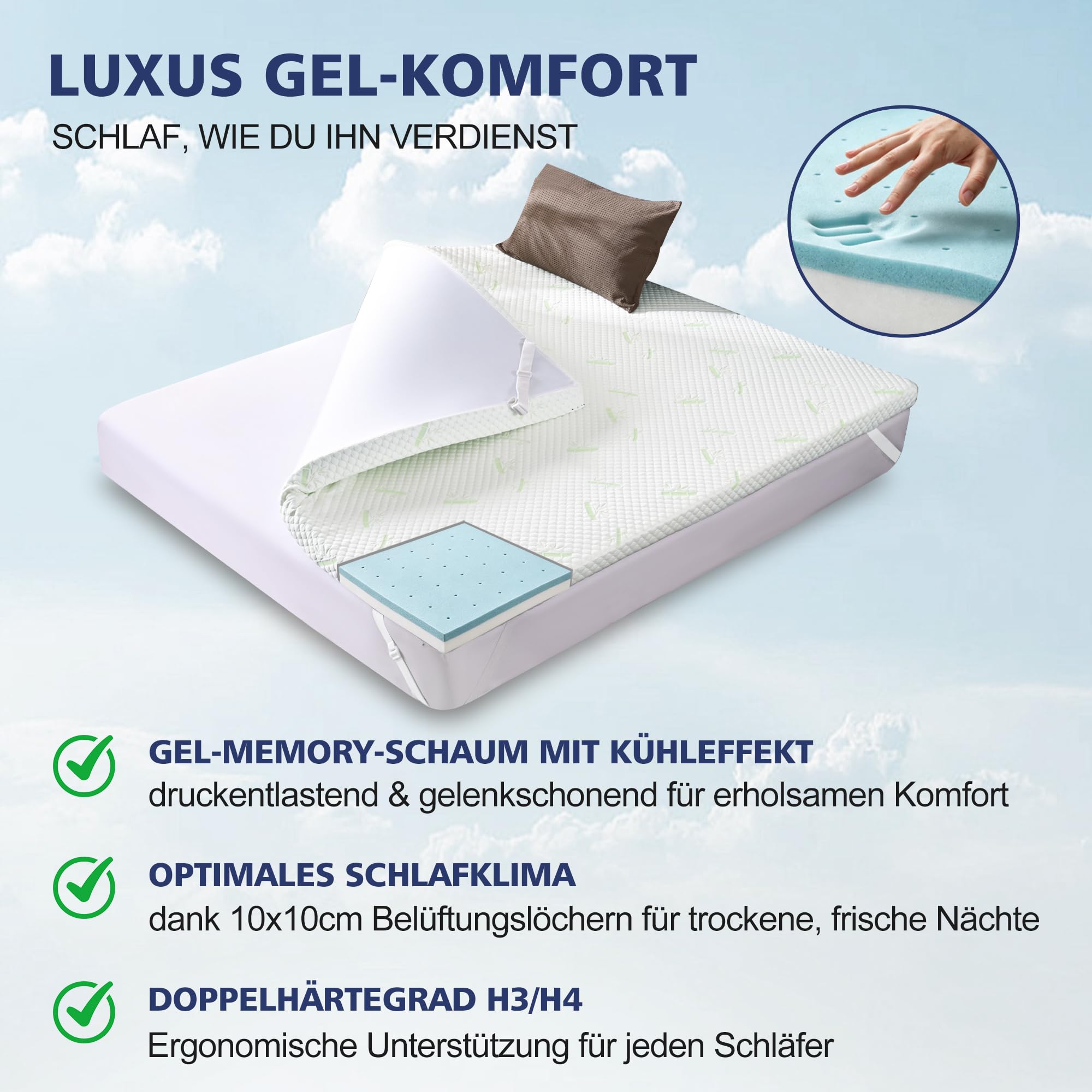 Waxberry Matratzen Topper 180x200cm (H3/H4) - 7,5cm Gel-Memory-Schaum mit 3D-Waben Bambusbezug, Atmungsaktiv & Waschbar Matratzentopper für Boxspringbett, Lattenrost & Schlafsofa