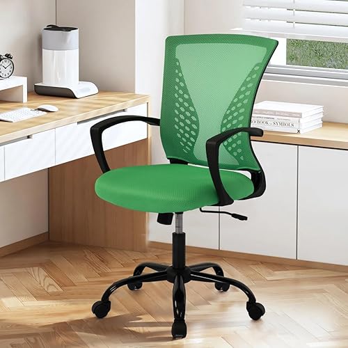 Vista 12 de Silla de oficina de malla con ruedas, silla de escritorio ergonómica de respaldo medio con brazos y soporte lumbar, cómoda silla de computadora