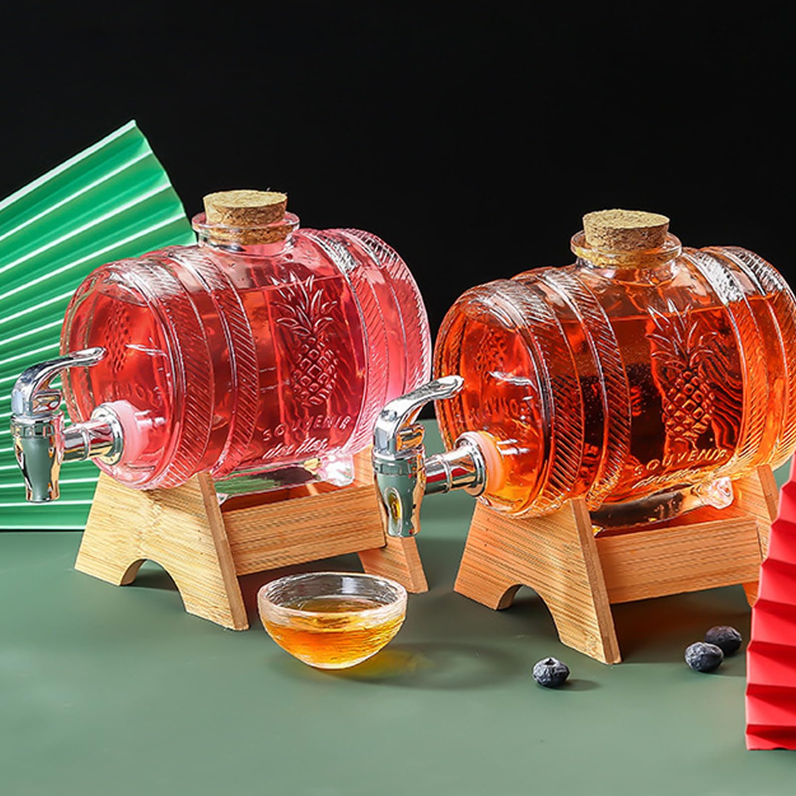 Carafe à whisky, distributeur de boisson en forme de tonneau, décanteur avec robinet, idéal pour vin, whisky, bière, rhum, cadeau pour ami, mari, père (3 L, fût en verre)