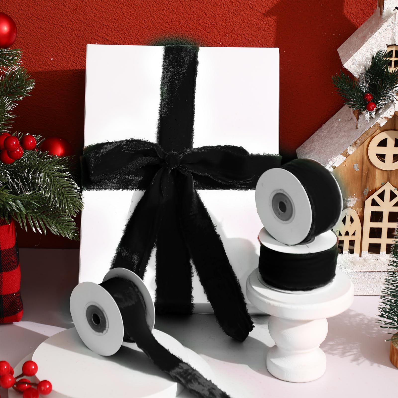 Preboun 4 Rolls Velvet Ribbon for Gift Wrapping 24 Yards Total Frayed Edge Velvet Silk Ribbon for Valentine‘s Day Wedding Baby Shower DIY Crafts Decor(Black,1.5 Inch)